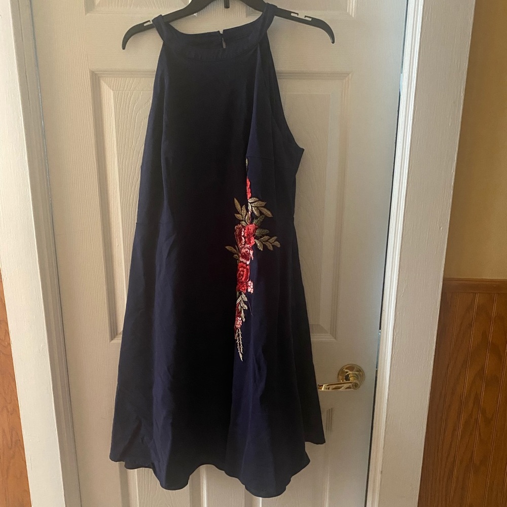 Navy Blue Halter Dress Roses Liza Luxe